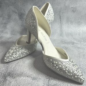 Anne Klein, white, gem-studded 2 inch riella dress pumps. Size 5.5